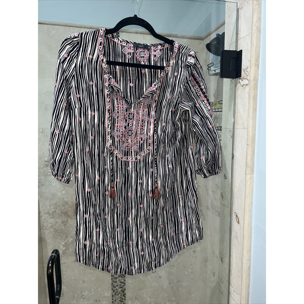 THML Embroidered Tassel Tunic Boho Floral Stripe Top Black Pink M TM2918-1